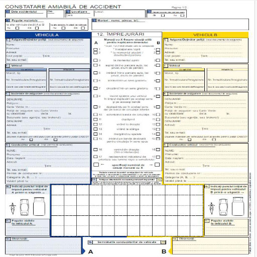 Model de formular de constatare amiabilă de accident